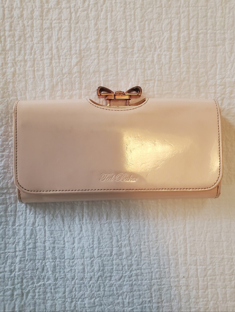 Ted Baker Pale Pink Blush Patent Wallet With Rose Gold Toned Bow-Accent